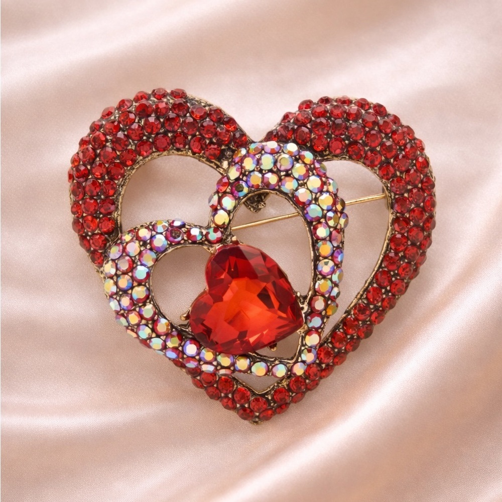 Ruby Red Heart Gold Brooch